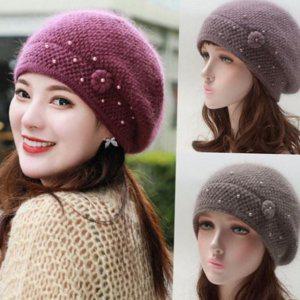 니트 베레모 방울 진주 겨울 여성 앙고라
