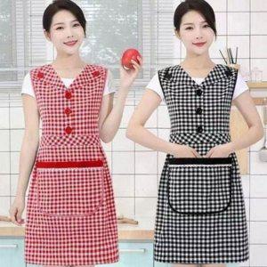 앞치마 프릴 여성 브이넥 어린이집 주방 체크