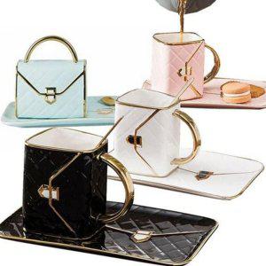 찻잔 커피잔 핸드백 금장 소서 도자기 선물 디자인