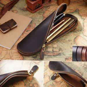 고급 휴대용 지퍼 소형 가죽 사무용 문구류 학생 필통