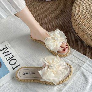 플랫 여성 슬리퍼 데일리 여름 리본 휴양지 진주
