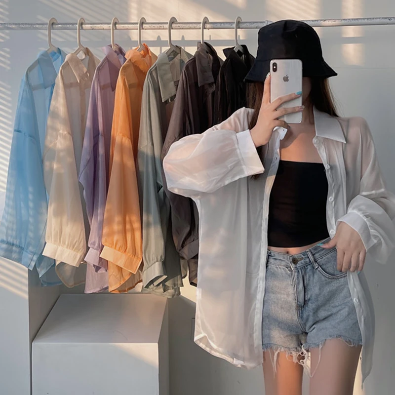 여성용 세미 쉬어 긴팔 셔츠, 쉬머 단추 다운 칼라, 플레인 경량 셔츠, 용수철 여름 시크한 상의 복장