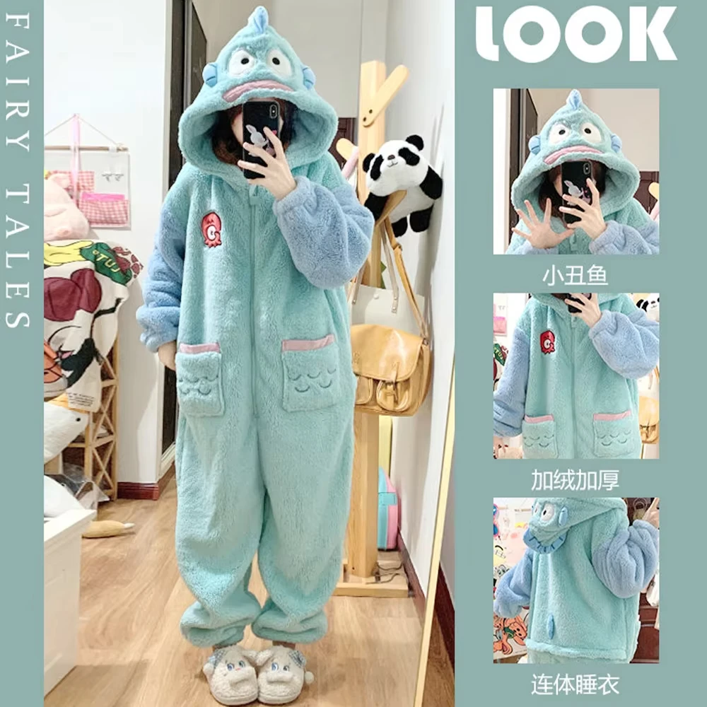 Kawaii Hangyodon 플러시 샴 잠옷 후드 점프 슈트 잠옷 Sanrioed Anime Cartoon 산호 벨벳 Homewear Thickened Nightgown