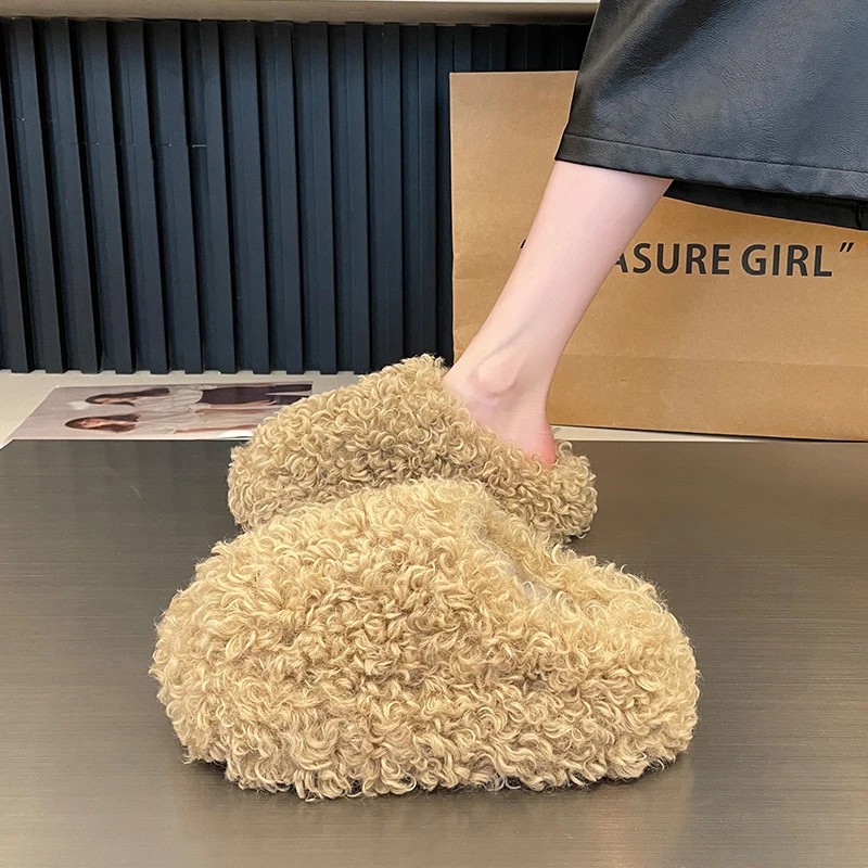 신발 여성 2025 커버 발가락 슬리퍼 캐주얼 플랫폼 모피 플립 플롭 Pantofle 럭셔리 플러시 새 슬라이드 신발 여성 2024 플러시 Slipp