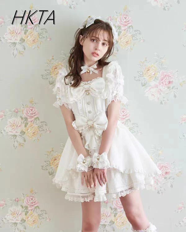 리즈 드레스 세트 여성 의상 일본 귀여운 소녀 미니 대량 생산 달콤한 활 짧은 소매 로리타 케이크 드레스 반바지 투피스 세트