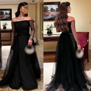 맞춤형 스파클 심플 네트 스팽글 플리츠 A 라인 오프 숄더 롱 드레스 맞춤형 행사 고품질