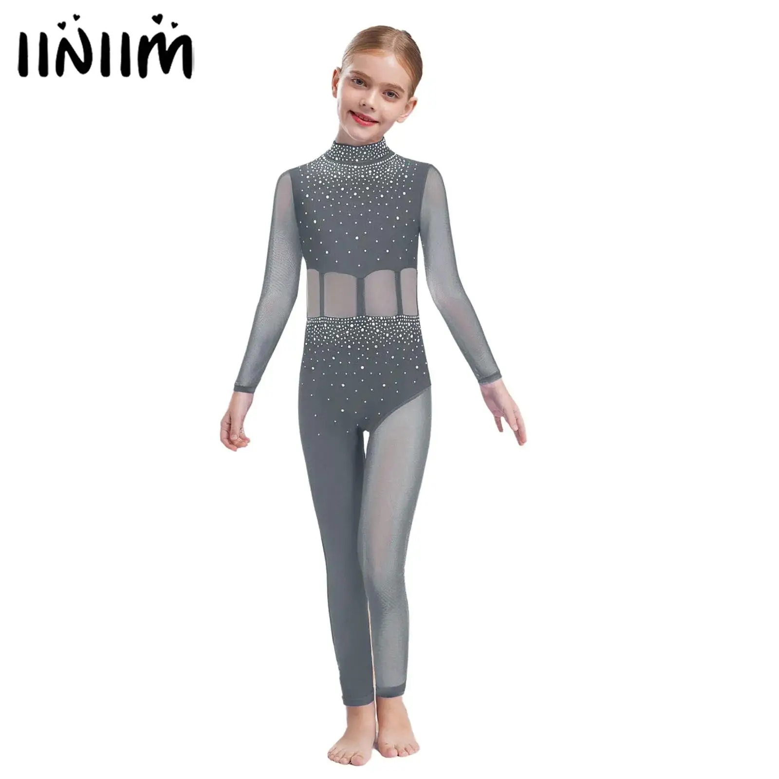 키즈 소녀 반짝 이는 라인스톤 발레 저지 체조 피겨 스케이팅 유니타드 의상 쉬어 메쉬 풀 바디 레오타드 바디 슈트