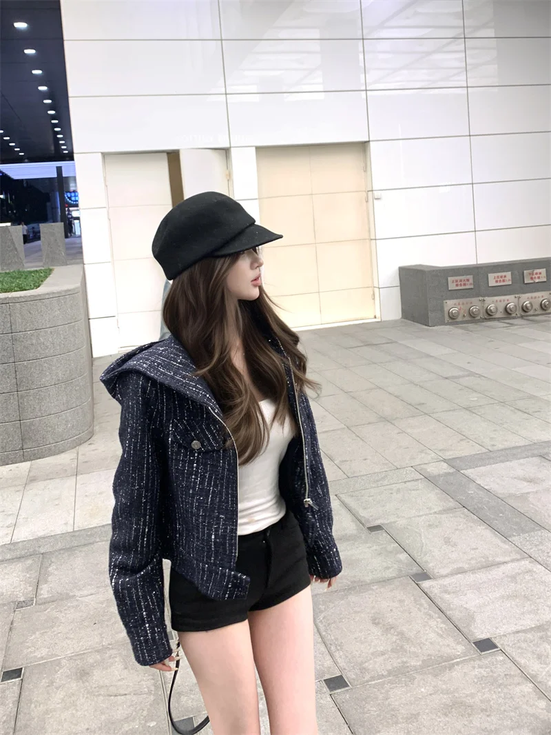 Kumikumi 세련된 긴 소매 후드 재킷 여성용 봄 슬리밍 다목적 향수 스타일 품질 최고 통근용 윈드 브레이커