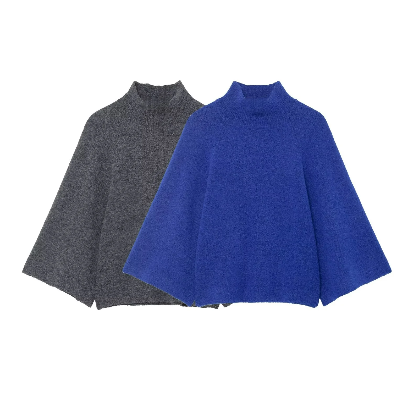 2025 겨울 신상 여성 캐주얼 패션 심플 다용도 스탠드 칼라 와이드 슬리브 솔리드 컬러 니트 스웨터