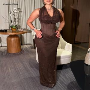 콘테사 맞춤 이브닝 드레스 섹시한 홀터 프롬 드레스 정장 파티 드레스 글리터 메쉬 V넥 코르셋 허리 스팽글 맥시 쉬스 드레스