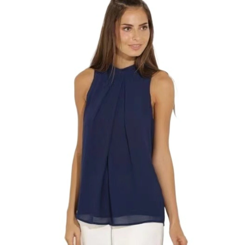 여성용 쉬폰 블라우스 민소매 더블 플리츠 캐주얼 셔츠