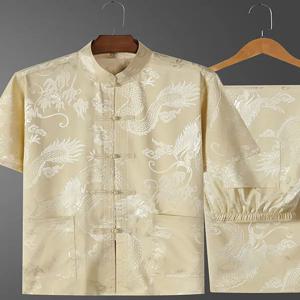 남성용 중국 실크 드래곤 패턴 레트로 당나라 정장, 쿵푸 태극권 의류, 한푸 치파오, 포켓 셔츠 보터밍 셔츠 포함