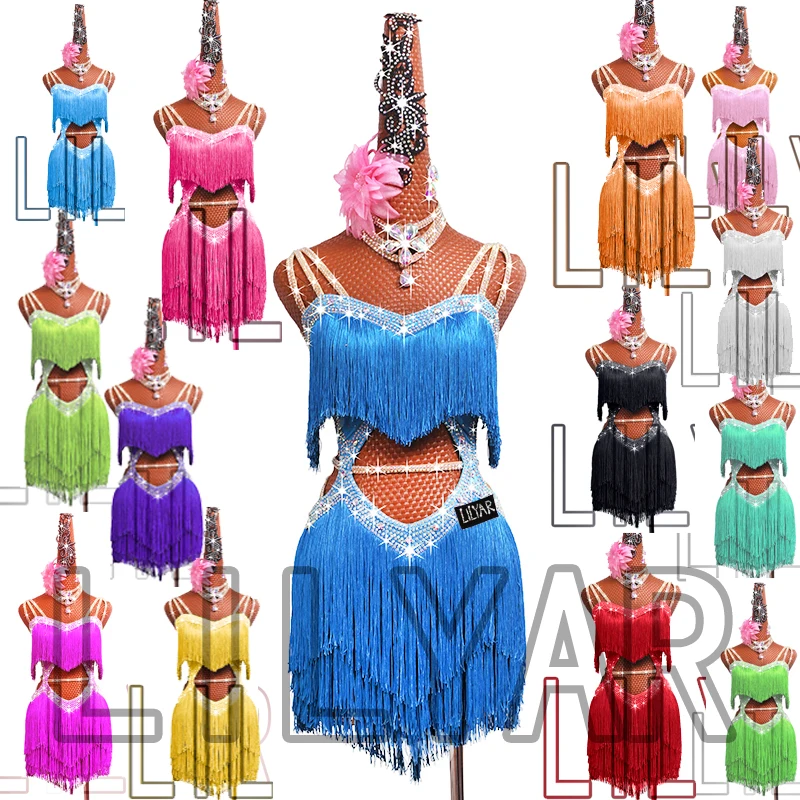 바다색 술 짧은 오픈 허리 반짝이는 다이아몬드 댄스 스커트가 있는 새로운 전문 라틴 댄스 대회 공연 드레스