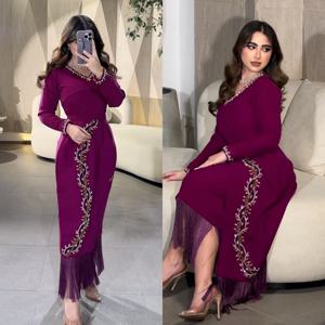 맞춤형 메스프리 정교한 정장 가운, V 넥 A 라인 비즈 태슬, 발목 길이, 샤르메우스