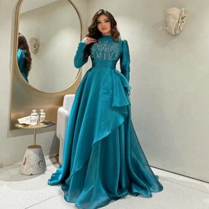 맞춤형 절묘한 레트로 비즈 아플리케 구김 시스 하이 칼라 롱 드레스, 댄스 파티 드레스, 하이 퀄리티 클래식 캐주얼 섹시