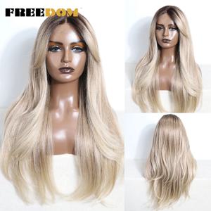 FREEDOM 스트레이트 합성 레이스 가발 (Bangs 포함) 여성용 레이스 프론트 가발 26 인치 옹 브르 브라운 금발 가발 레드 화이트 코스프레 가발