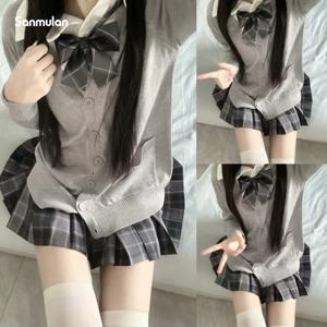 3Pc 세트 일본 한국 학교 교복 여러 가지 빛깔의 스웨터 & 격자 무늬 플리츠 스커트와 활 Jk 제복 졸업 의상 여성