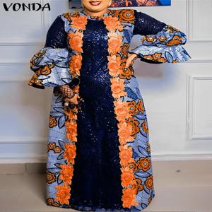 플러스 사이즈 VONDA 보헤미안 Vestidos 여성 캐주얼 플레어 긴 소매 맥시 드레스 라운드 넥 느슨한 프린트 Sundress Ruffles Long Robes