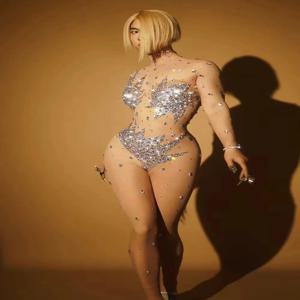 반짝이는 다이아몬드 할로윈 점프수트 여성 공연 댄서 코스튬 메쉬 스트레치 롬퍼, 파티 축하 의상, 무대 클럽 착용