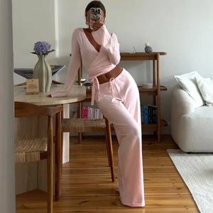 드로스트링 하이웨이스트 바지 세트, 캐주얼 패션, 레이스업 플레어 슬리브, V넥 트위스트 상의, 플러시 루즈 팬츠 세트