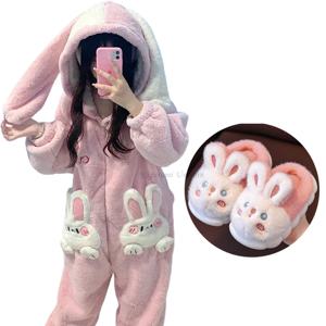 산호 벨벳 Onesies 여성 귀여운 토끼 Kigurumi 유니콘 Preppy 만화 후드 카와이 두꺼운 겨울 따뜻한 코튼 잠옷 Homewear