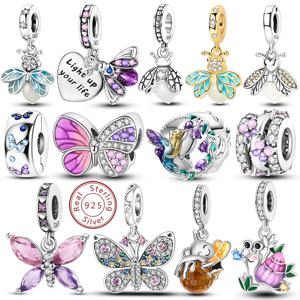 원래 925 스털링 실버 매력 구슬 펜던트 반딧불 나비 꿀벌 잠자리 비즈 맞는 팔찌 목걸이 여성 쥬얼리 선물