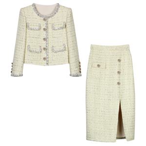 새로운 스타일, 패셔너블하고 가벼운 럭셔리 하이엔드 복고 중공업 다이아몬드 상감 비즈 작은 향기 재킷 + 슬림 스커트 슈트