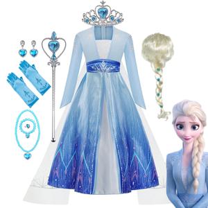 소녀를위한 냉동 엘사 공주 의상 생일 파티 긴 소매 할로윈 코스프레 카니발 의류 소녀를위한 어린이 드레스