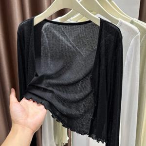 플러스 사이즈 아이스 실크 얇은 자외선 차단 가디건 여성 여름 반팔 아우터 나무결 가장자리 스프링 가을 아우터 셔츠