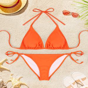 여성을위한 2Pcs 섹시한 비키니 수영복 솔리드 컬러 수영복 여름 수영복 여성 Backless Beachwear Halter 수영복