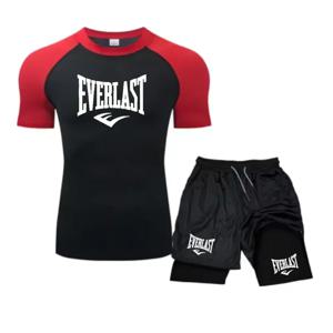 EVERLAST 남성용 압축 셔츠 + 2-in-1 스포츠 반바지 2pcs 세트 레저 브레스 반소매 스포츠 조깅 체육관 브랜드 프린트 의류