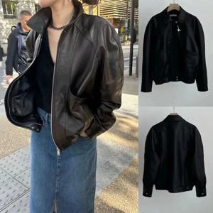 블랙 미니멀리스트 다용도 리본빗2025 봄 레트로 라펠 가죽 재킷 코트 심플 스타일리쉬 통근 스타일 긴팔 아우터웨어