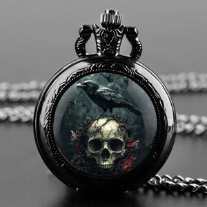문 해골 까마귀 패턴 유리 돔 블랙 스테인레스 스틸 석영 주머니 시계 목걸이 여성 남성 쥬얼리 펜던트 체인 어린이