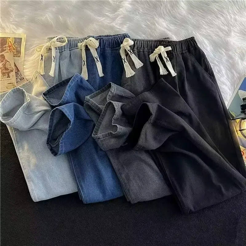 트렌디한 스트리트 스타일 남성 청바지 하이웨이스트 스트레이트 레그 루즈핏 캐주얼 스포츠 롱 팬츠 한국 버전 패셔너블