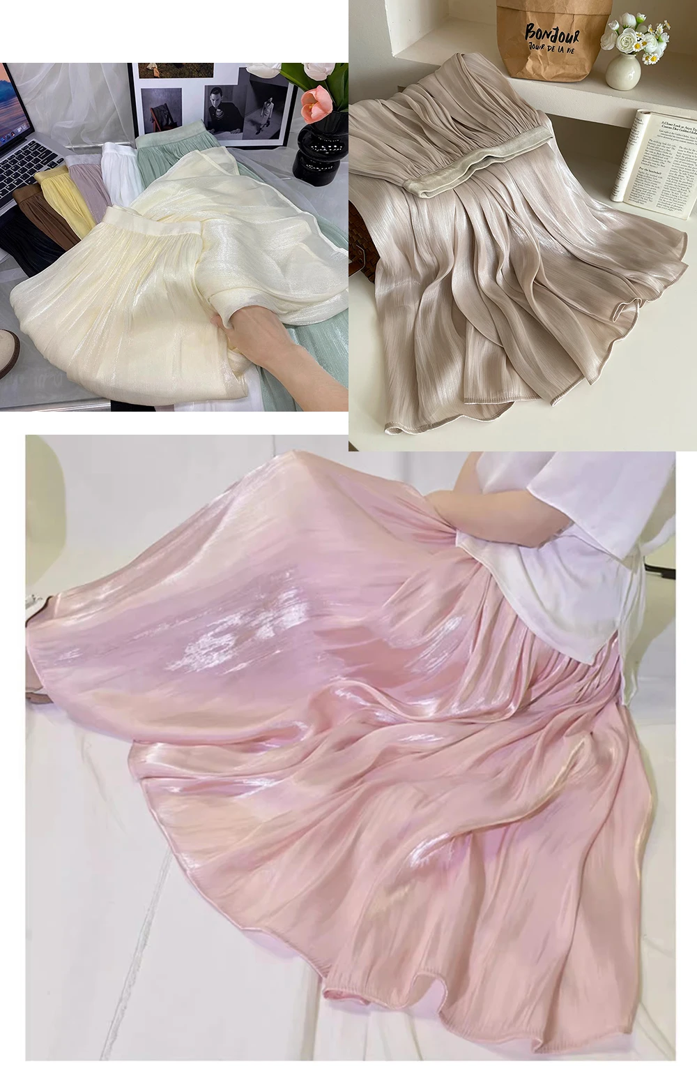 2025 봄/여름 신상 광택 A라인 여성 스커트 솔리드 컬러 하이웨이스트 프렌치 파리 스타일 우아한 비대칭 스커트