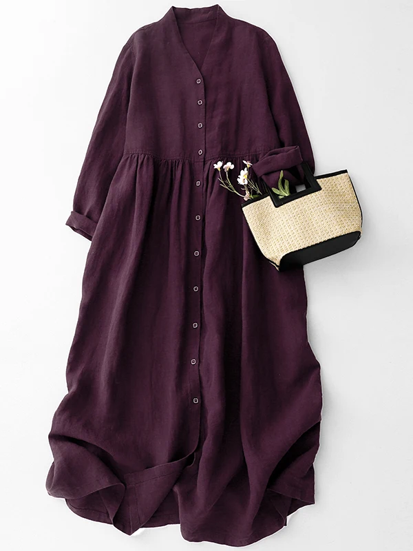 여성 코튼 린넨 V넥 드레스 투웨이 롱 슬리브 가운 버튼 스타일 A라인 스커트 캐주얼 출퇴근 봄 패션