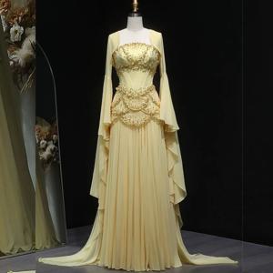 맞춤형 중국 스타일 쉬폰 스팽글 주름 A 라인 부채꼴 긴 드레스 맞춤형 행사 스파클