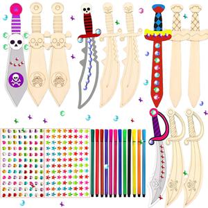 216PCS 미완성 DIY 나무 해적 칼 세트, 나무 수제 그림 공예, 다양한 파티, 파티 선물에 적합