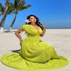 플러스 사이즈 여성 휴가 캐주얼 해변 밝은 허리 짧은 소매 드레스 로맨틱 홀리데이 퓨어 컬러 풀오버