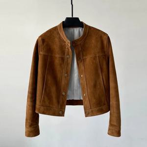 수입 염소 가죽 여성용 짧은 싱글 브레스트 진짜 가죽 자켓 2025 가을 빈티지 키드 스웨이드 양피 자켓 코트 여성