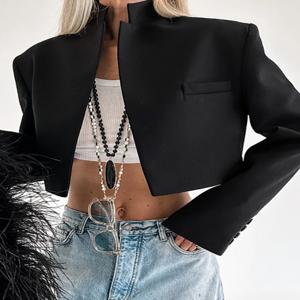FDYOUI 여성 의류 솔리드 블랙 숏 블레이저 2026 봄 오피스 레이디 긴팔 크롭탑 여성 슬림 아우터웨어 코트
