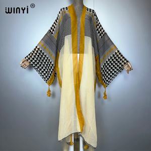 WINYI 아프리카 신상 여름 기모노 맥시 드레스 비치 커버업 가디건 아바야 무슬림 여성 코트 보헤미안 카프탄 비치 의상 카프탄