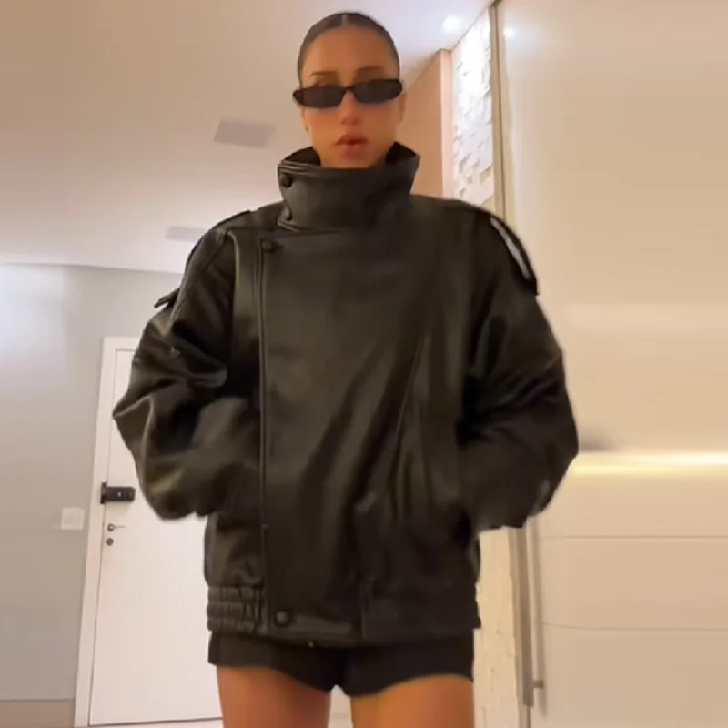 세련된 Pu 가죽 자켓 스탠드 칼라 느슨한 긴팔 코트 쿨 캐주얼 세련된 다목적 겉옷 새로운 가을 여성 streetwear