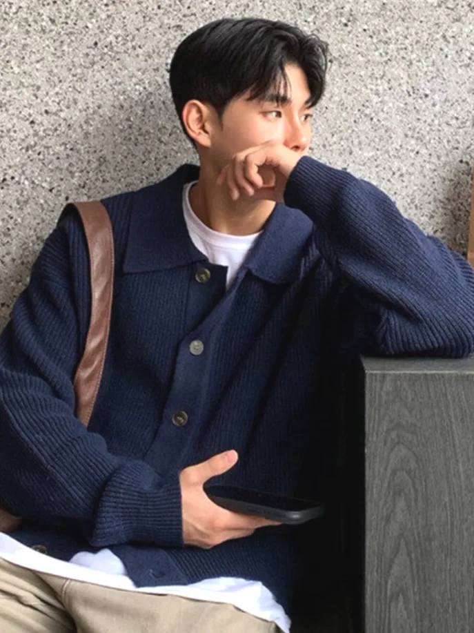 코발트 블루 니트 가디건 남성용 칼라 버튼 스웨트셔츠 재킷 텍스처드 캐주얼 워크웨어 폴로 셔츠 긴팔 통기성