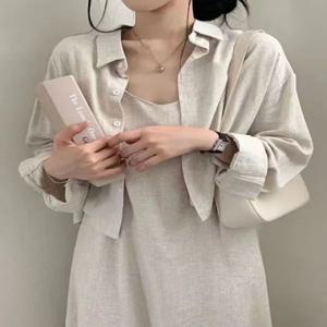 한국적인 시크 가을 빈티지 섹시 스트랩 드레스 셔츠 코트 투피스 세트 여성 우아한 긴팔 출퇴근 스타일 성인용