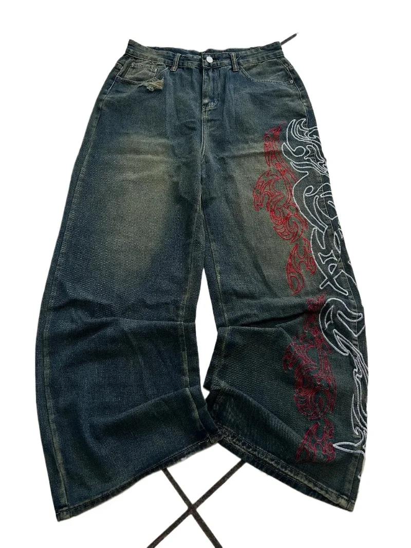 Y2K 스타일 하라주쿠 스트라이프 자수 배기 청바지 남녀 하이 스트리트 레트로 힙합 패션 캐주얼 커플 와이드 레그 데님 팬츠