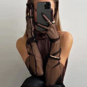 패션 긴 얇은 얇은 명주 그물 장갑 메쉬 팔꿈치 웨딩 신부 장갑 할로윈 액세서리 울트라 얇은 신축성 전체 손가락 장갑