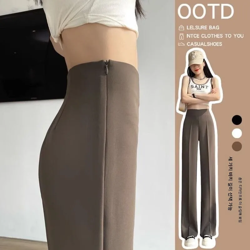 하이웨이스트 와이드 레그 수트 팬츠 여성용 봄 여름 슬리밍 캐주얼 스트레이트 레그 트라우저 사이드 지퍼 롱 팬츠
