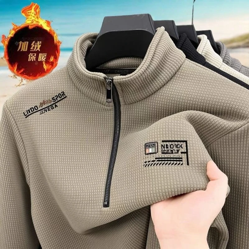 남성용 플리스 안감 스웨트셔츠 빈티지 하프 지퍼 프린트 체크 무늬 두꺼운 울 따뜻한 풀오버 럭셔리 터틀넥 스웨트셔츠