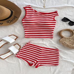 유럽풍 미국풍 스트라이프 베스트 반바지 세트, 여름 니트 핫팬츠 탑 투피스 세트